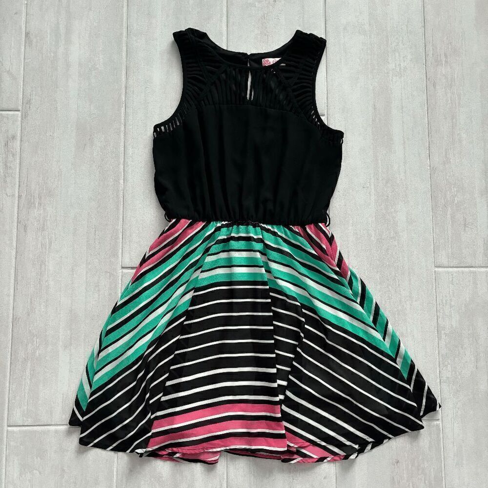 Candie's Lattice Dress Fit & Flare Black with Pink Teal Stripes Medium Mini 2010
